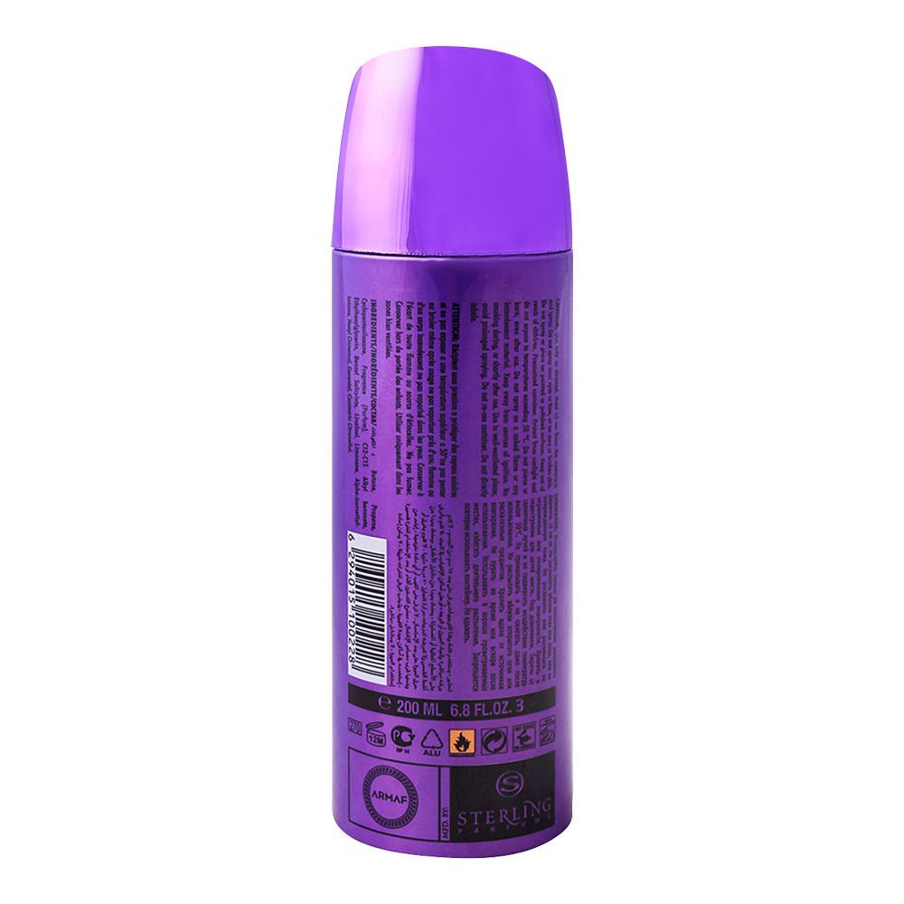 Armaf Baroque Purple Woman Deodorant Body Spray 200ml for women with orange blossom jasmine coffee iris and a soft elegant everyday scent