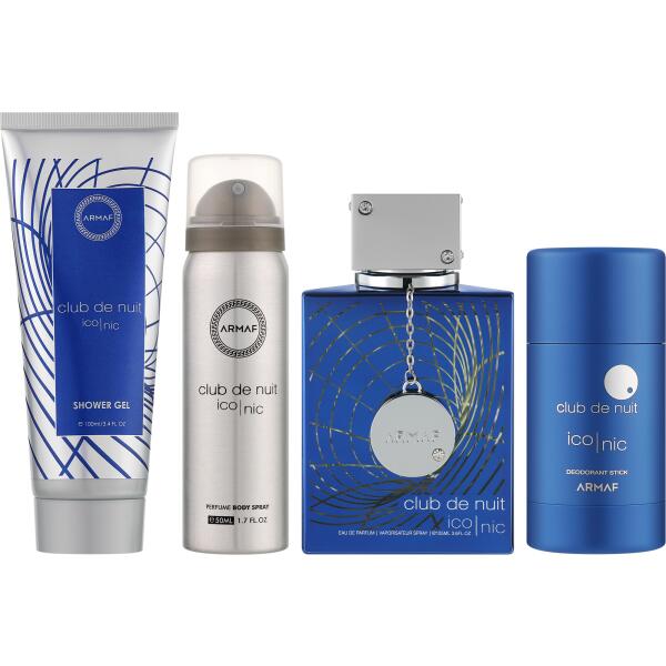 Armaf Club de Nuit Blue Iconic Special Edition 4 piece gift set for men with grapefruit lemon mint ginger jasmine sandalwood amber and cedar notes