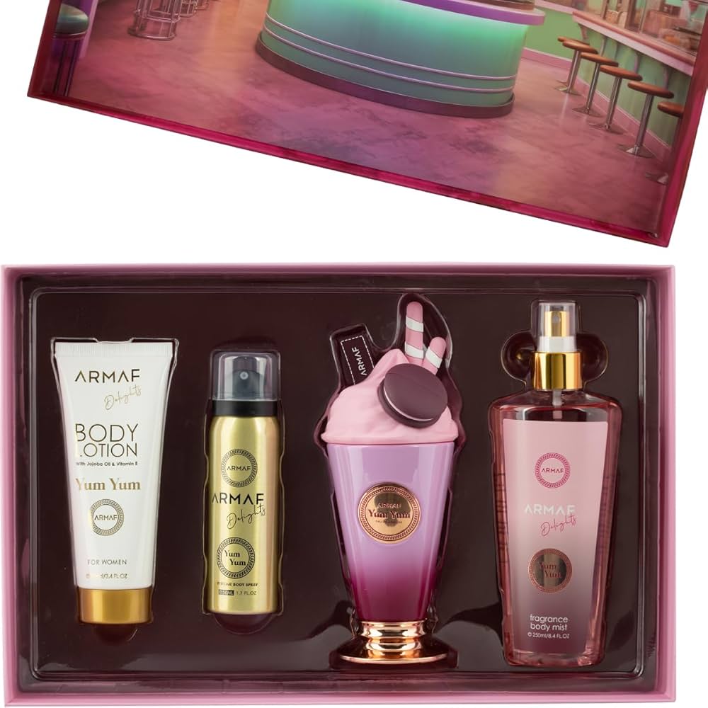 Armaf Delights Yum Yum gift set 4 pieces long lasting women's fragrance set with fruity opening floral heart and soft powdery musky amber base