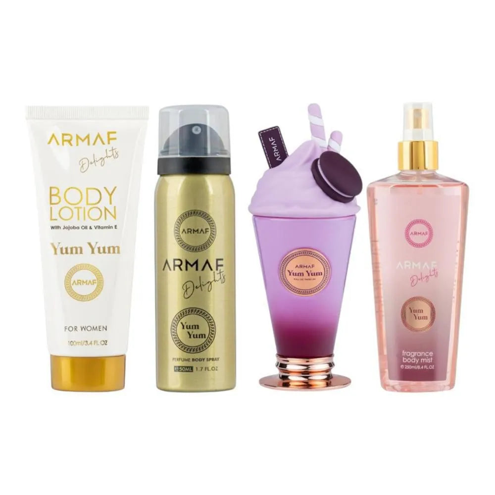 Armaf Delights Yum Yum Special Edition Gift Set 4 pieces for women with fruity floral vanilla fragrance and long lasting feminine scent