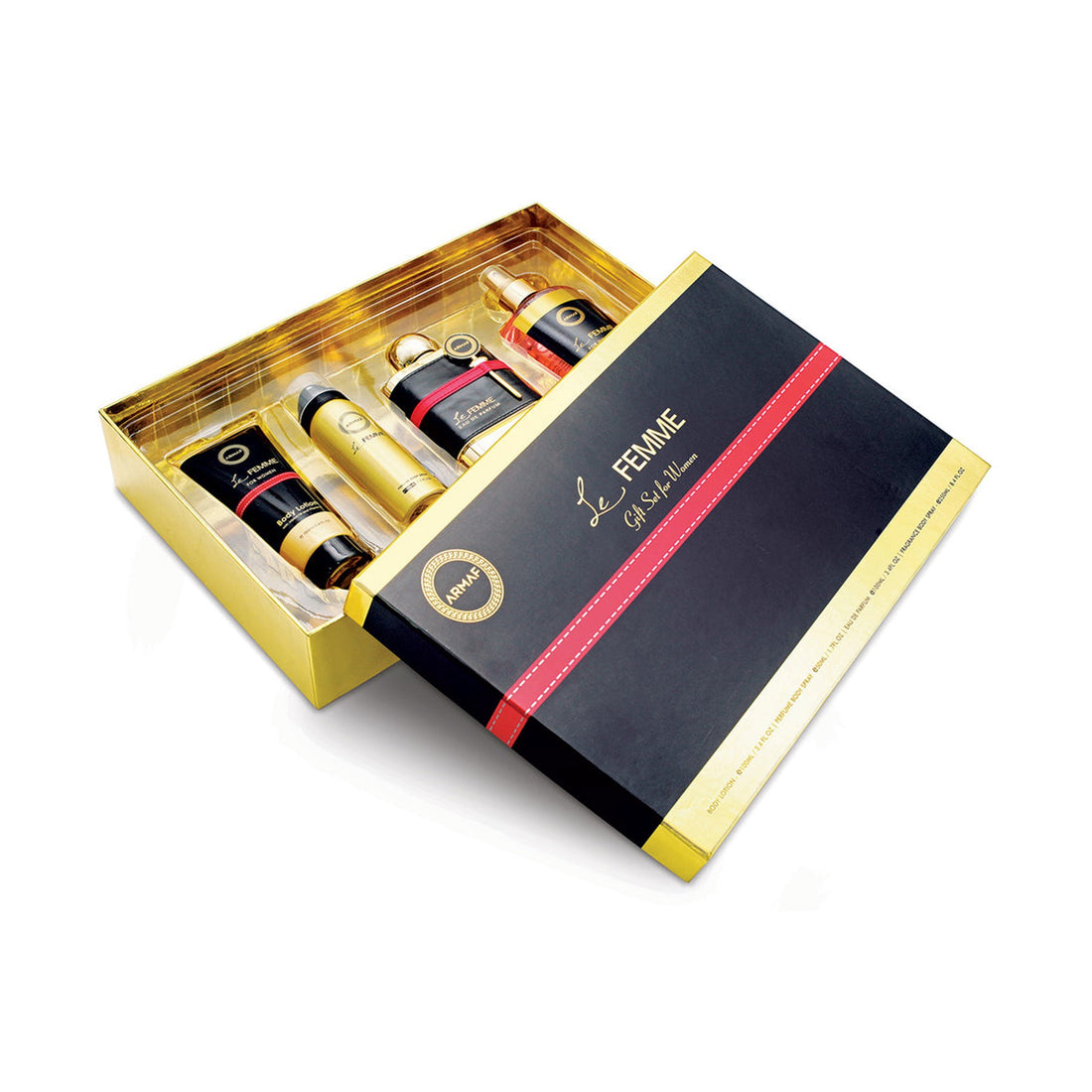 Armaf Le Femme 4 piece gift set for women with plum orange bergamot jasmine rose saffron vanilla and musk notes