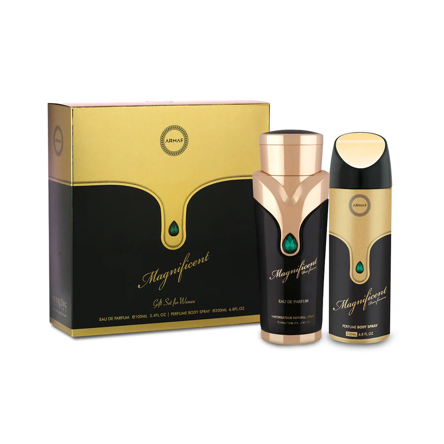 Armaf Magnificent Pour Femme Gift Set 2 pieces for women with floral fruity fragrance featuring raspberry blackcurrant rose patchouli and musk notes