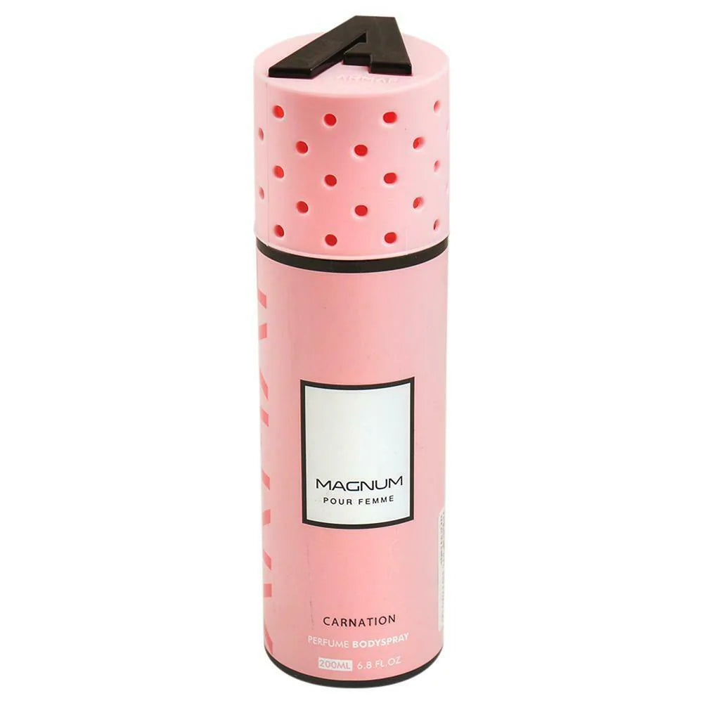 Armaf Magnum Pour Femme Carnation 200ml women's deodorant spray with floral woody freshness and warm cedarwood sandalwood vetiver aroma