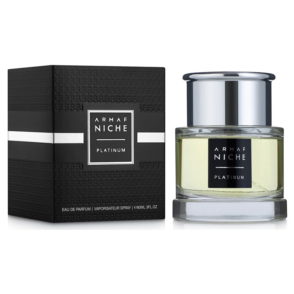 Armaf Niche Platinum 90ml men's fragrance with spicy accords cedar patchouli amber myrrh labdanum and warm woody notes
