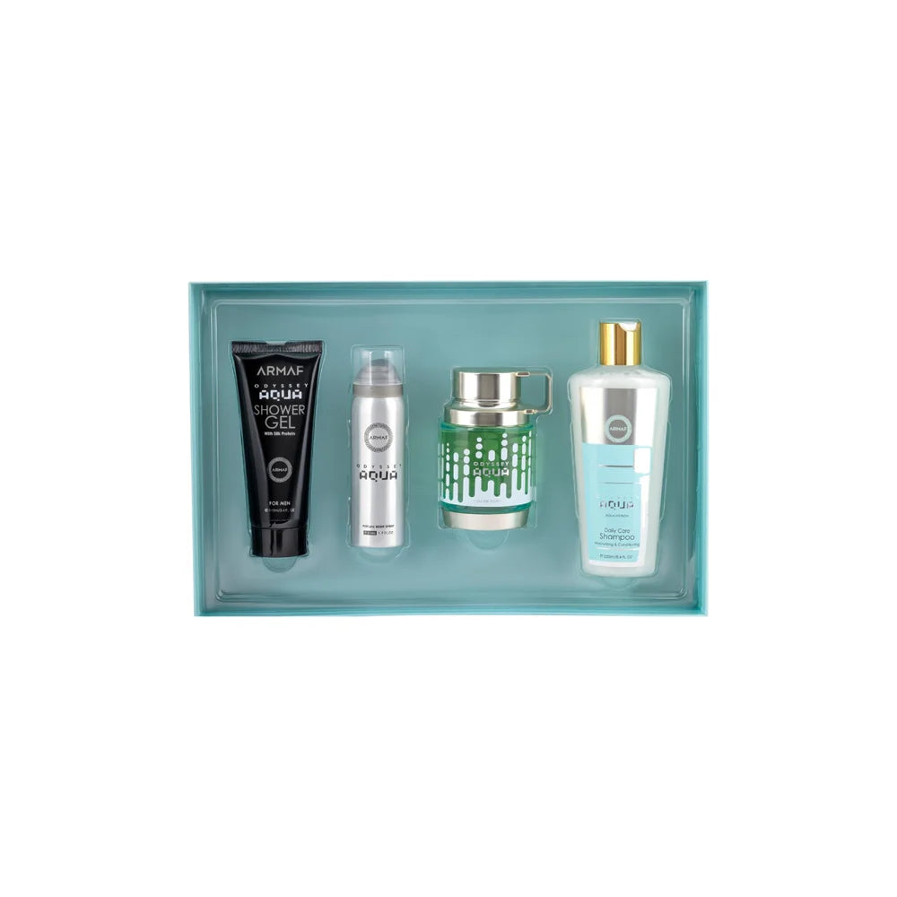 Armaf Odyssey Aqua gift set 4 pieces long lasting men's fragrance set with fresh aquatic citrus opening aromatic spicy notes and woody base