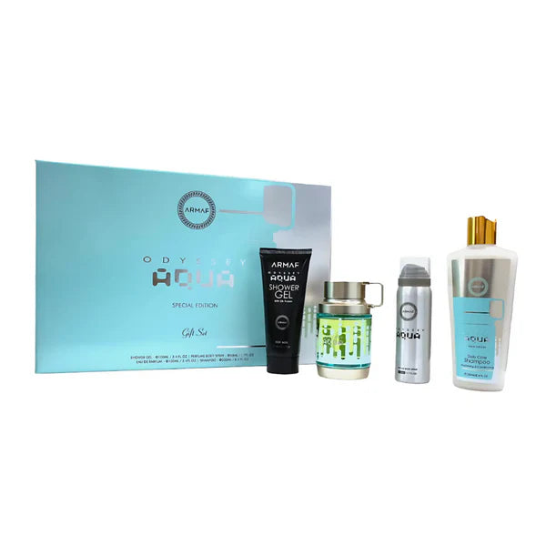 Armaf Odyssey Aqua Special Edition 4 piece gift set for men with marine citrus notes aromatic heart and woody amber musky base