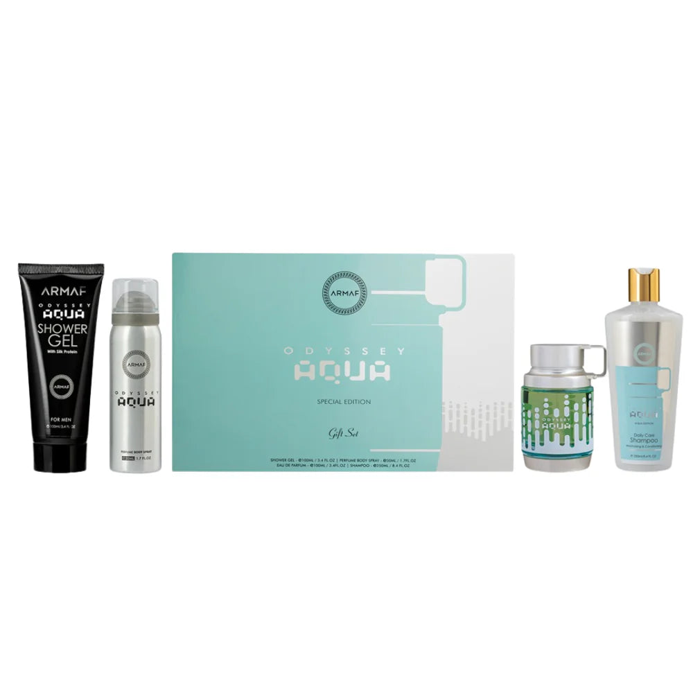 Armaf Odyssey Aqua Special Edition Gift Set 4 pieces for men includes eau de parfum body spray shower gel and shampoo with fresh aquatic woody scent