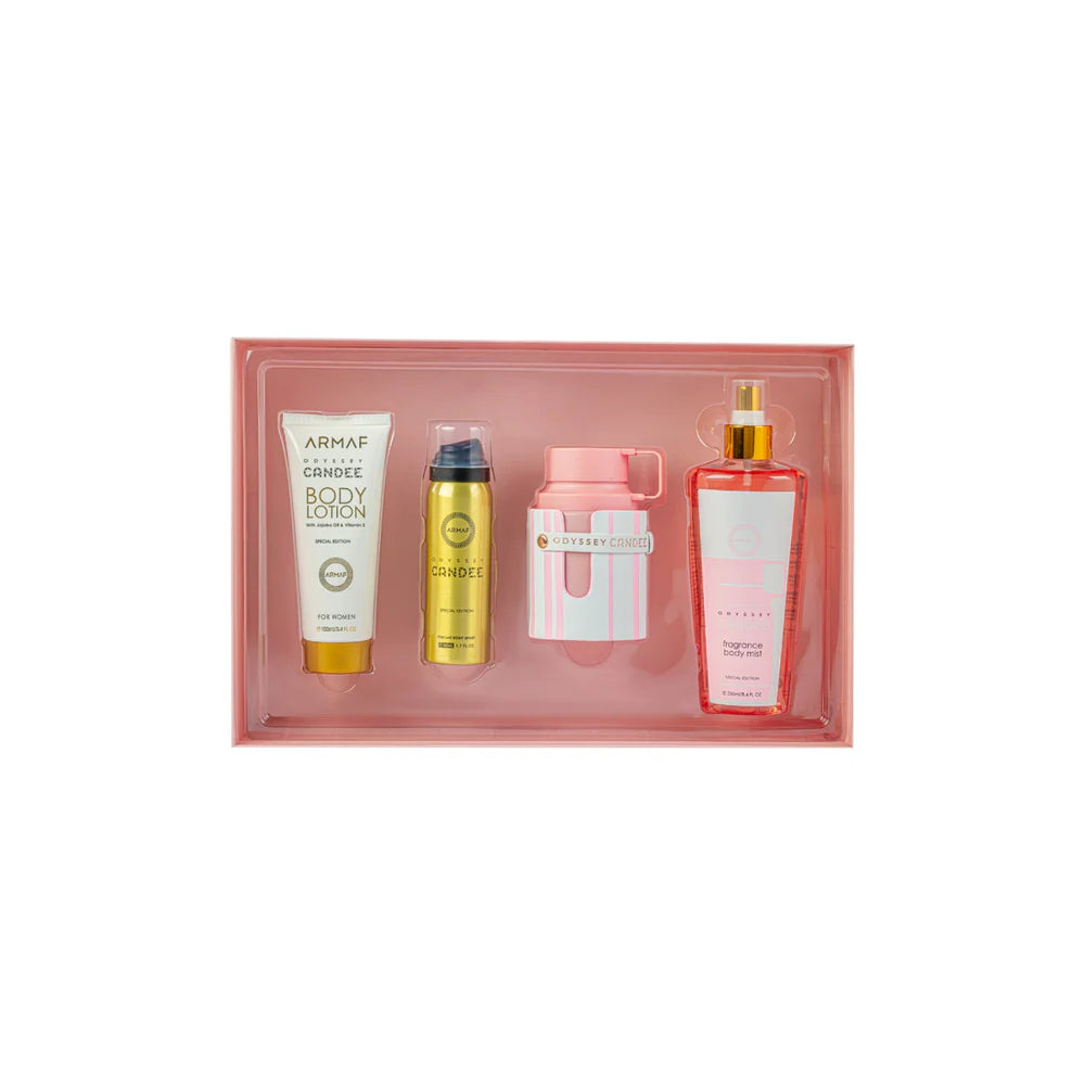 Armaf Odyssey Candee Special Edition 4 piece gift set for women with strawberry raspberry peach caramel jasmine and amber musk notes