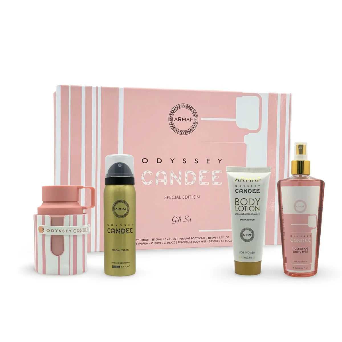 Armaf Odyssey Candee Special Edition Gift Set 4 pieces for women with fruity floral gourmand fragrance and long lasting feminine scent