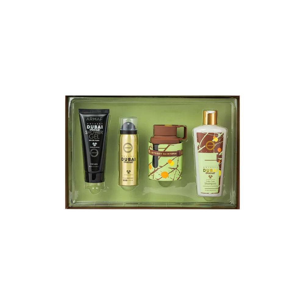 Armaf Odyssey Dubai Chocolat Gourmand 4 piece gift set includes eau de parfum body spray shower gel and shampoo with rich gourmand scent
