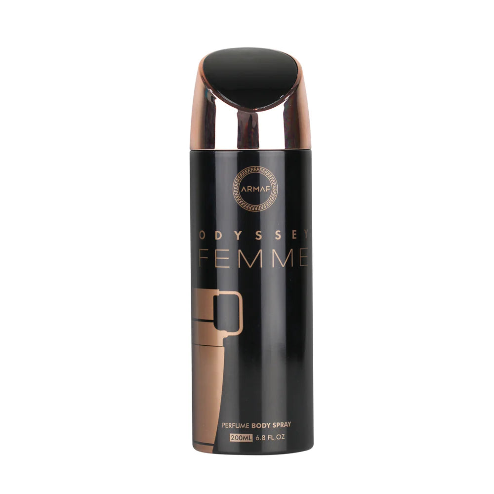 Armaf Odyssey Femme Deodorant Spray 200ml long lasting women's fragrance with jasmine orange blossom rose peach and elegant floral woody scent