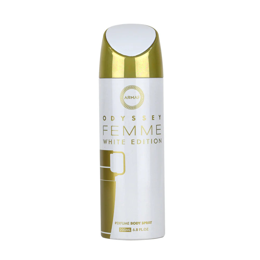 Armaf Odyssey Femme White Edition Deodorant Spray 200ml long lasting women's fragrance with orange galbanum jasmine tuberose and elegant floral vanilla scent