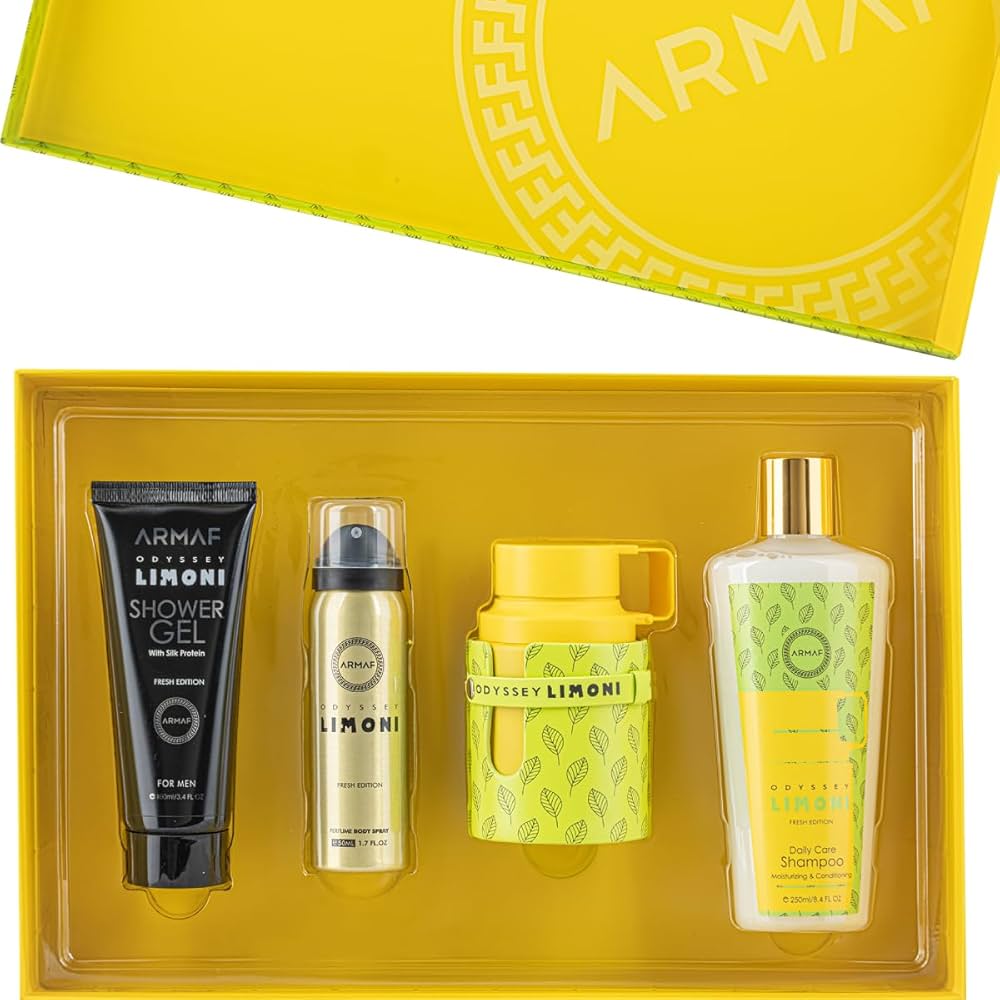 Armaf Odyssey Limoni Fresh Special Edition 4 piece gift set includes eau de parfum body spray shower gel and shampoo with bright citrus aromatic scent