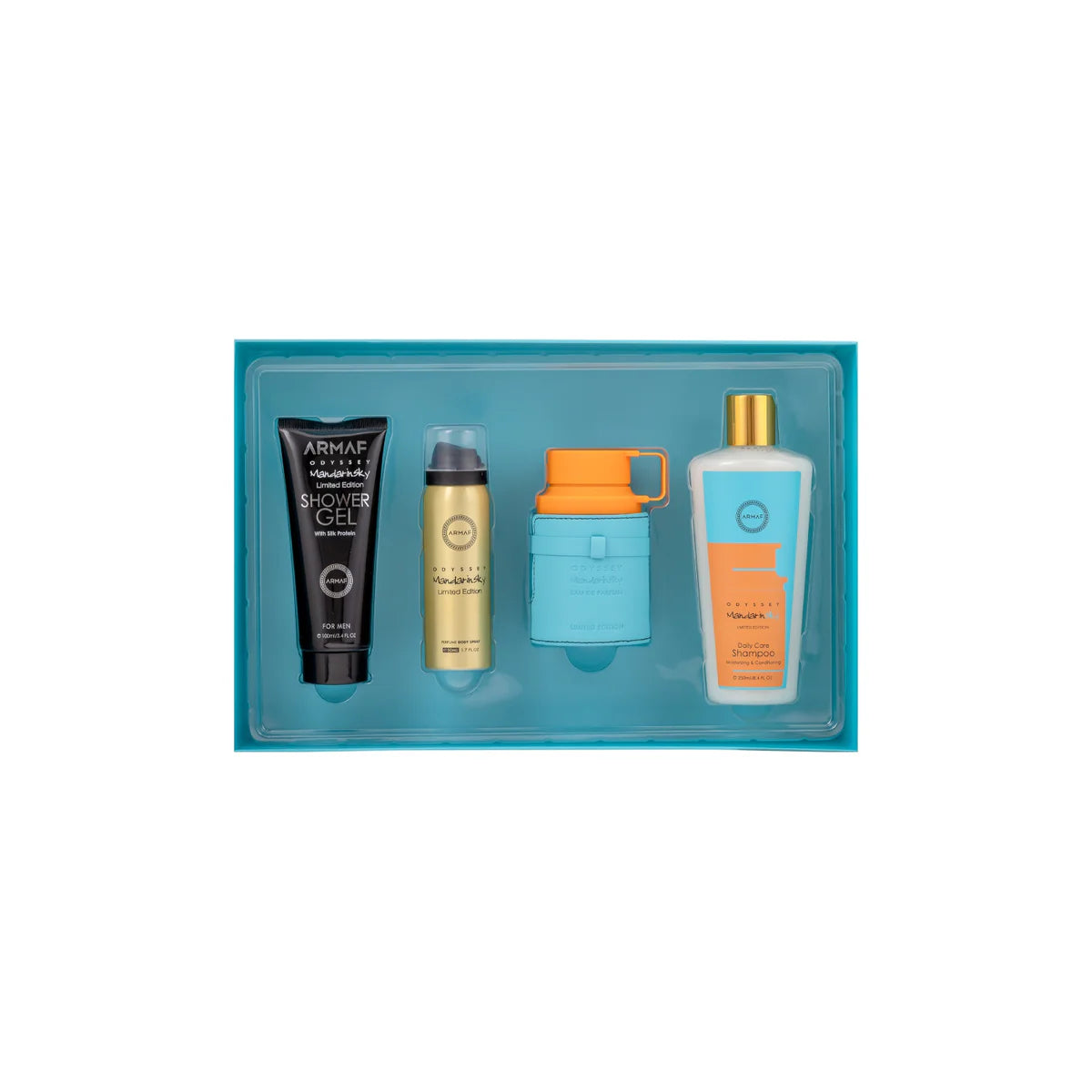 Armaf Odyssey Mandarin Sky 4 piece gift set for men with citrus mandarin caramel tonka bean and woody musky notes
