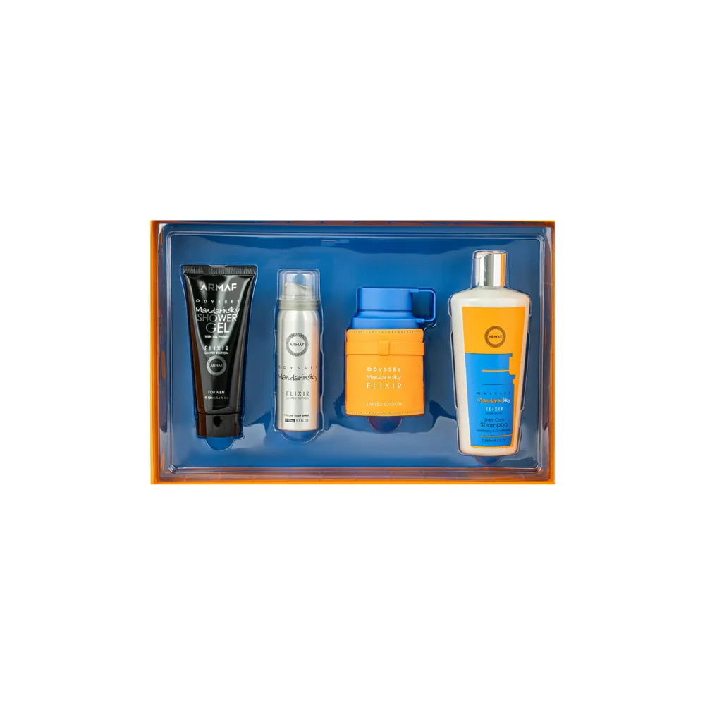 Armaf Odyssey Mandarin Sky Elixir Limited Edition 4 piece gift set for men with mandarin orange lavender black pepper caramel vanilla and vetiver notes