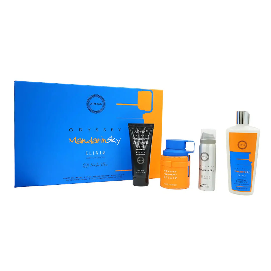 Armaf Odyssey Mandarin Sky Elixir Limited Edition Gift Set 4 pieces for men with citrus spicy gourmand fragrance and long lasting masculine scent