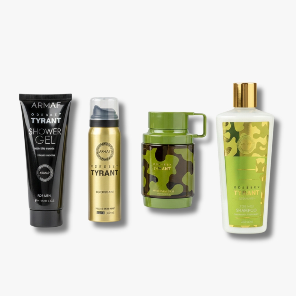 Armaf Odyssey Tyrant Special Edition gift set 4 pieces long lasting men's fragrance set with fresh citrus opening spicy aromatic heart and woody base