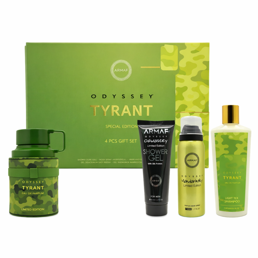 Armaf Odyssey Tyrant Special Edition Gift Set 4 pieces for men with citrus spicy woody fragrance and long lasting masculine scent
