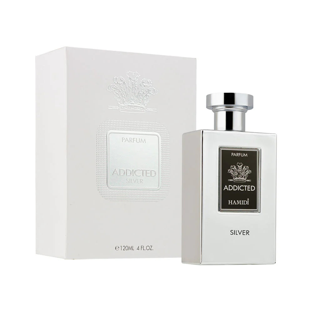 Hamidi Addicted Silver 120ml long lasting unisex scent with citrus spicy opening elegant floral heart and smooth woody musky ambroxan base
